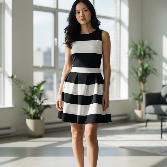 bebe Black and White Striped Mini Dress - Picture 1 of 5